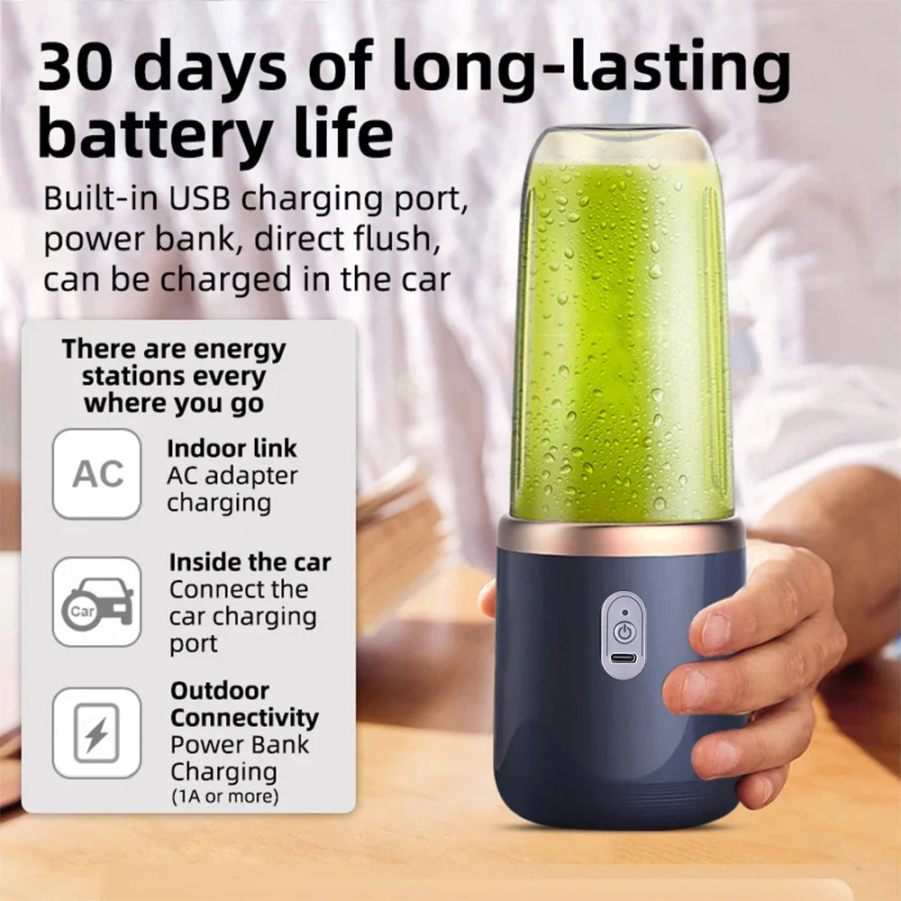 Portable Electric Juicer Cup with 6 Stainless Steel Blades, 2 Travel Cups, USB Rechargeable Personal Blender for Fresh Juice, Smoothies & Shakes